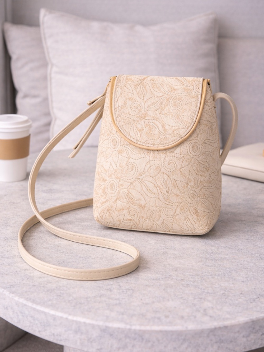 HOBO Cream Leather Embossed Crossbody Bag Small Boho Purse